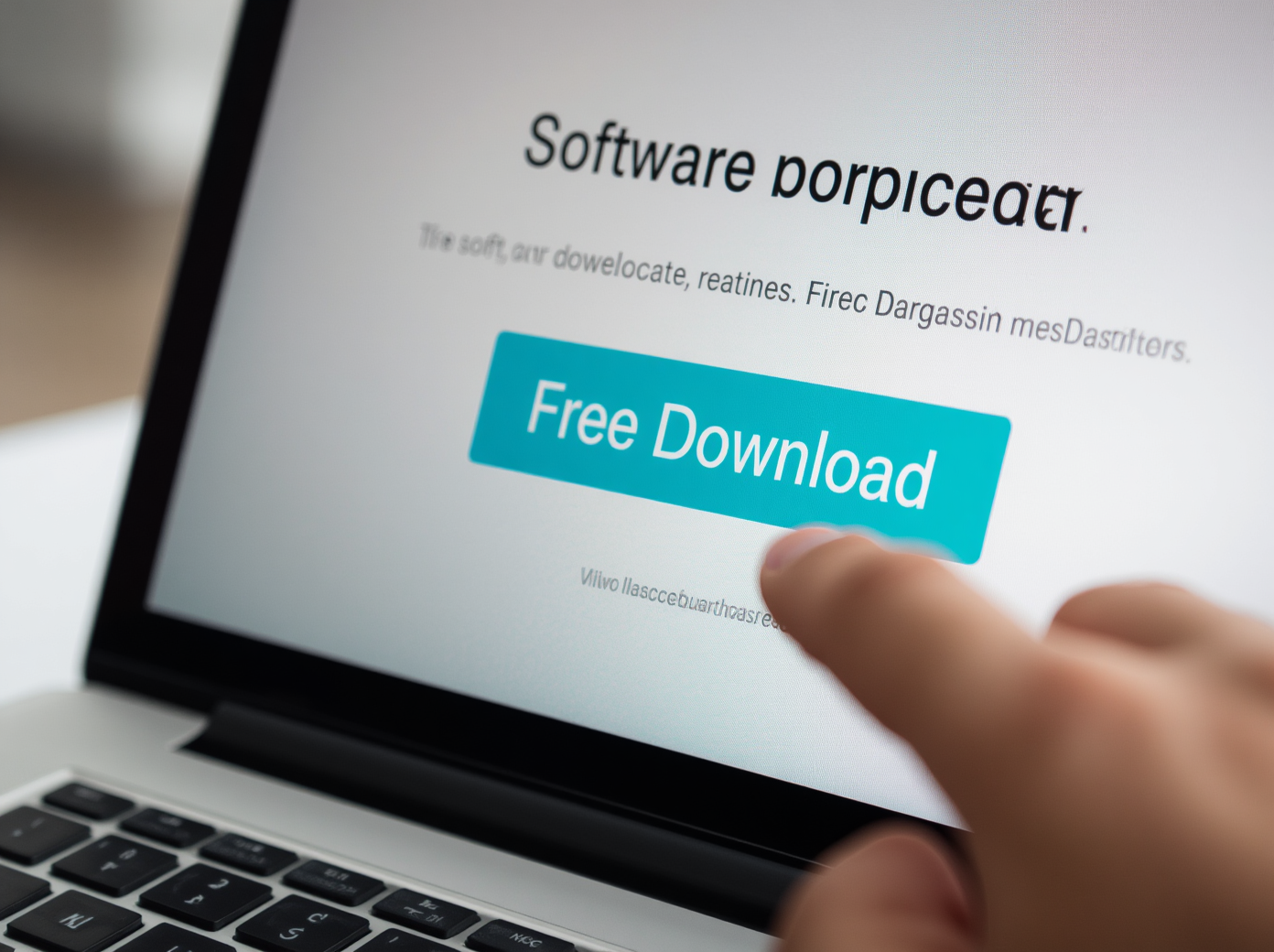 ノートPCの画面でソフトウェアのダウンロードページが表示されている。「無料ダウンロード」ボタンをクリックしようとしている手元のクローズアップ