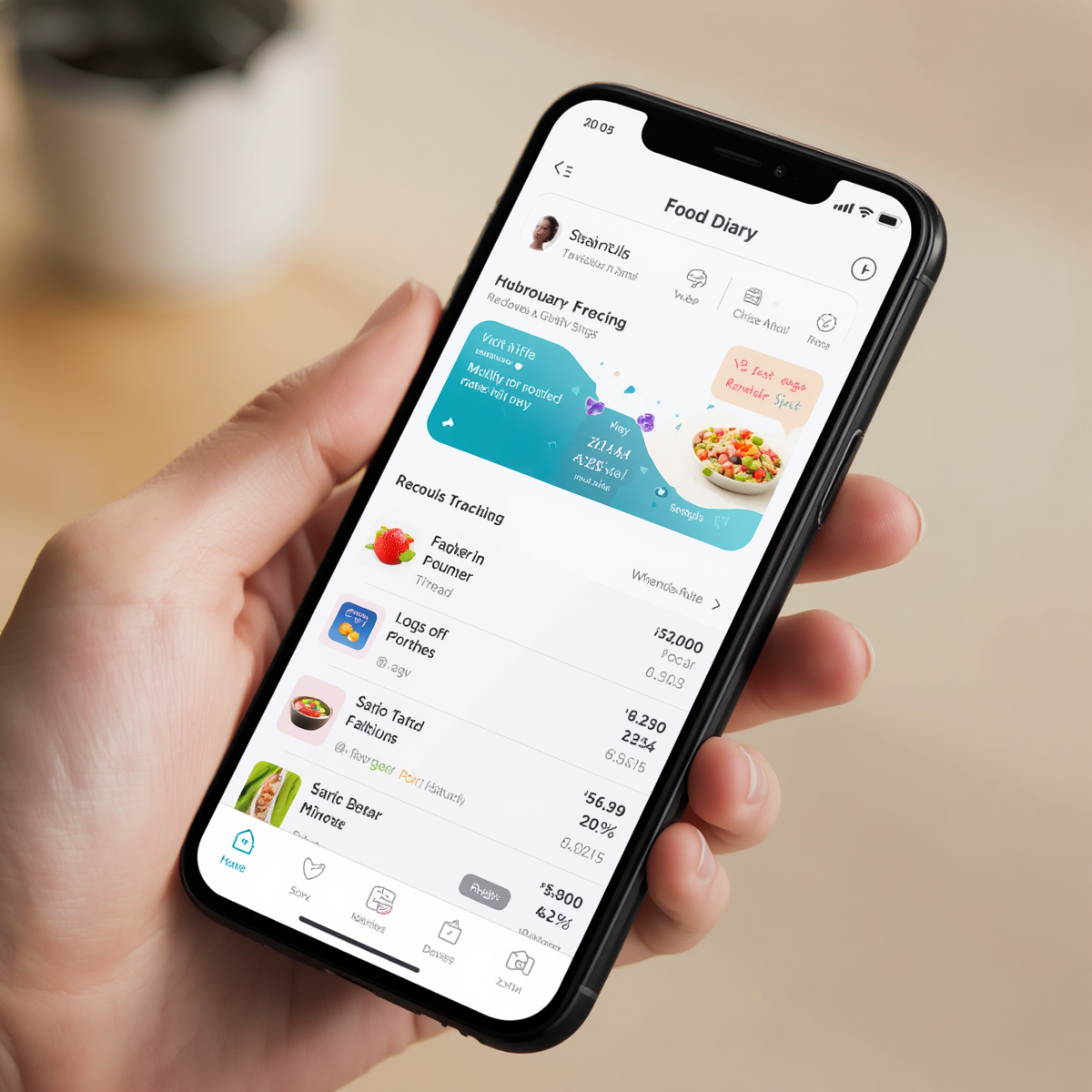 スマートフォンの画面に食事記録アプリが表示されている。個人の食事管理向けカロリー計算アプリのUI