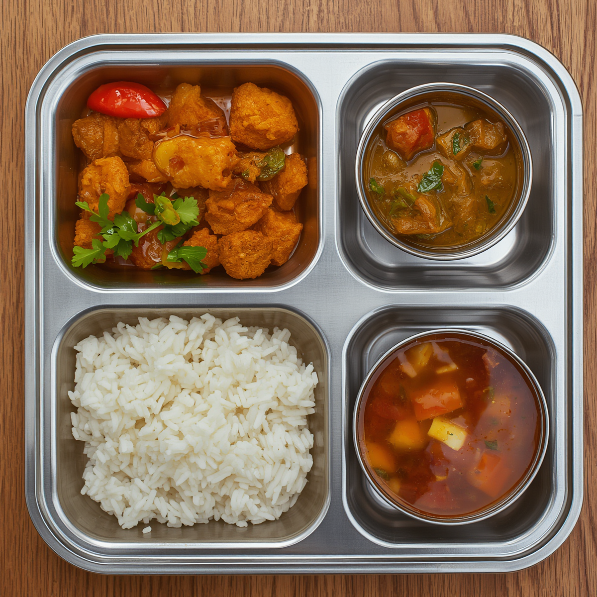 給食施設の食事トレイ。主食・主菜・副菜・汁物が整然と並んでいる。給食向け栄養管理の用途を示すイメージ