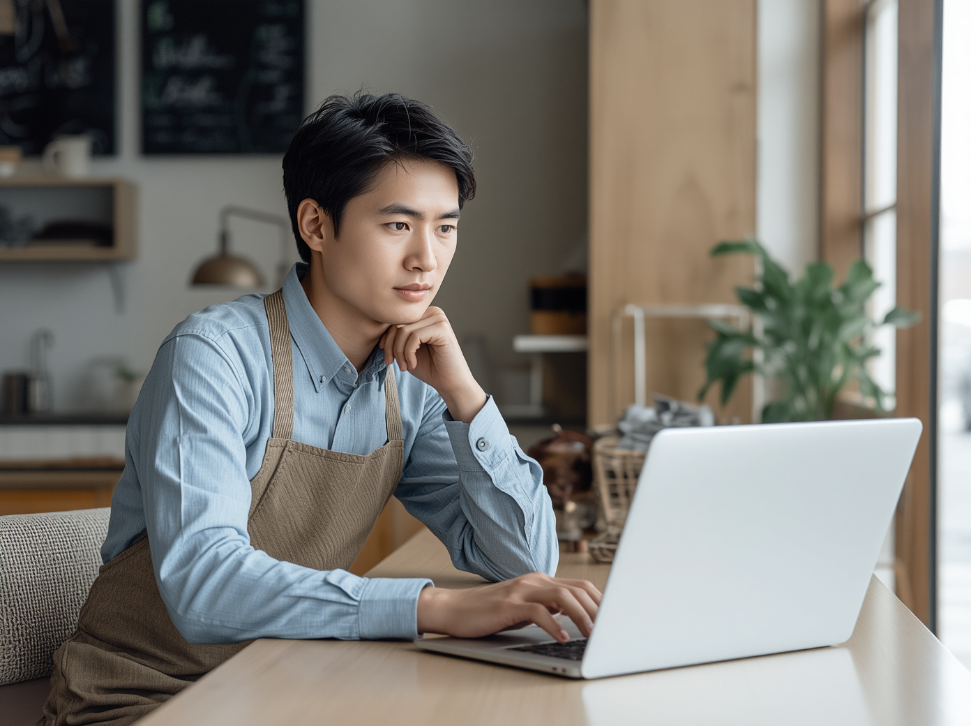 ベーカリーのオーナーがカウンターに座り、ノートPCでソフトの導入コストを検討している様子。落ち着いた表情で画面を見つめている