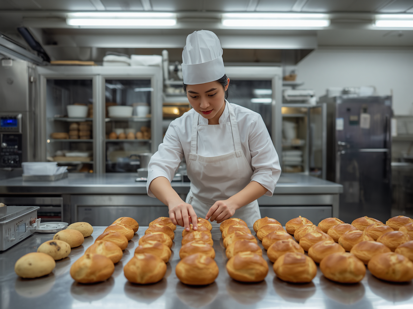 ベーカリーの製造現場。職人が焼きたてのパンを天板から取り出し、作業台に整然と並べている様子。白い作業着とエプロンを着用している