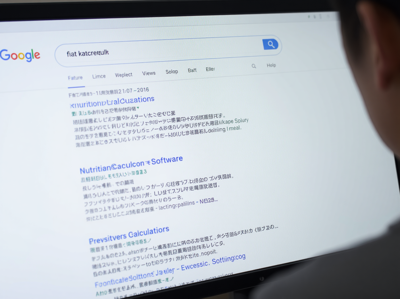 PCの検索画面に「栄養計算ソフト」と入力し、表示された検索結果を眺めている様子。給食向けや個人向けのサイトばかりが表示されている
