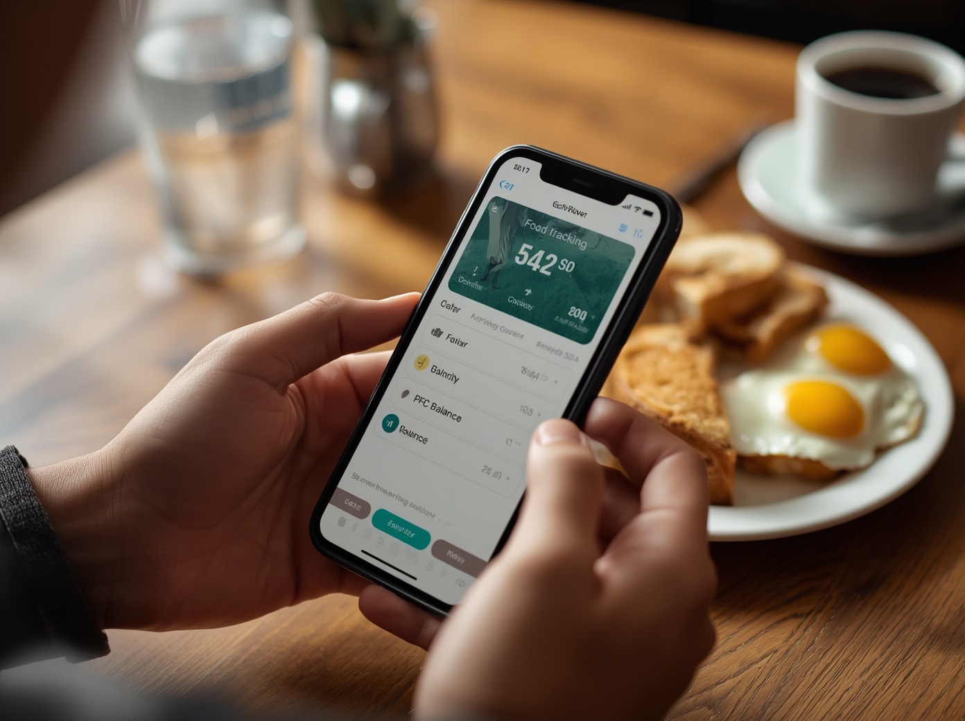 スマートフォンで食事記録アプリを操作している人の手元。食べたものを入力してカロリーとPFCバランスを確認している個人の食事管理の様子
