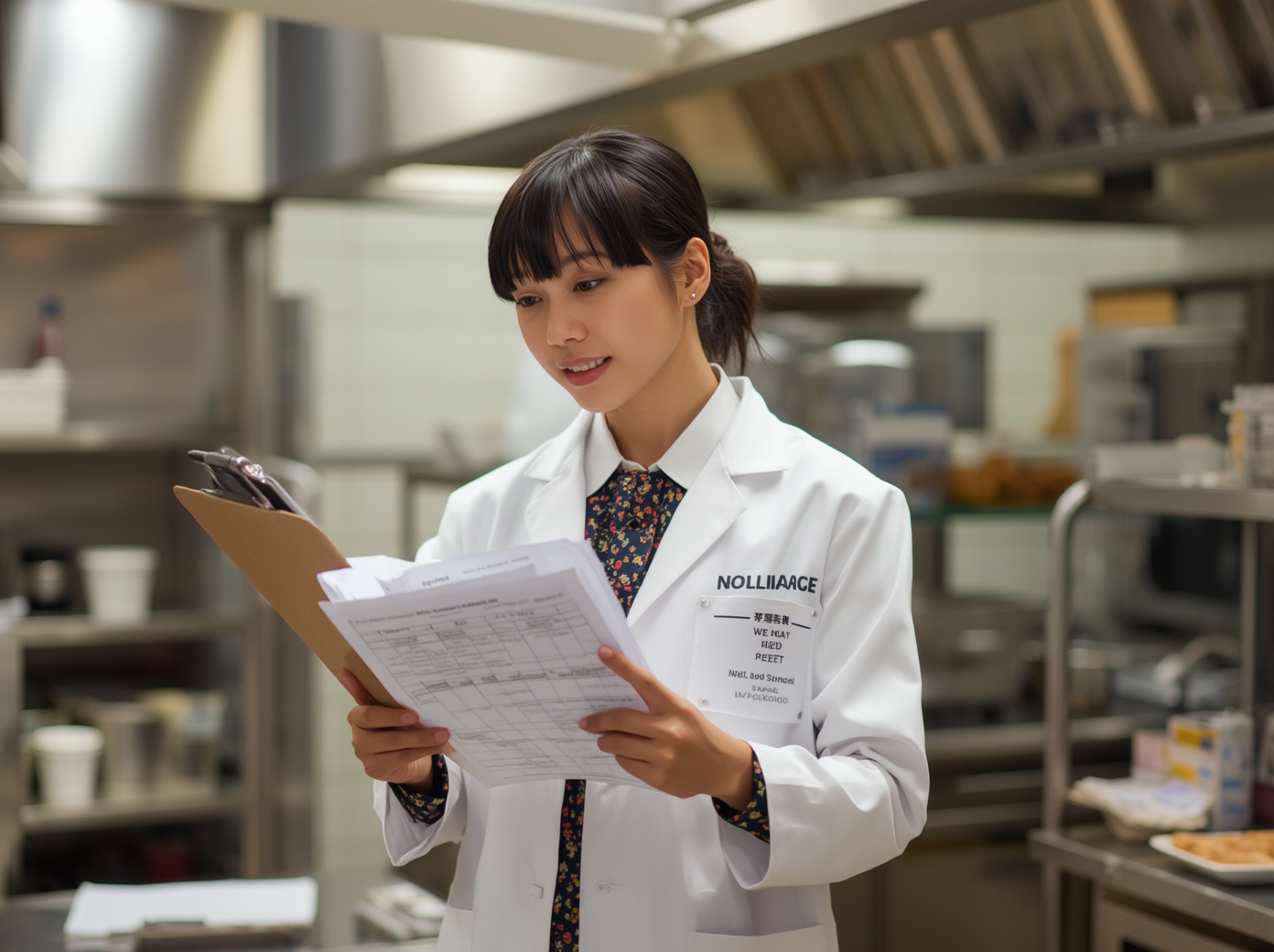 給食施設のキッチンで白衣を着た栄養士が献立表を確認している様子。週単位の献立を栄養バランスと照合しながらメニューを組み立てている