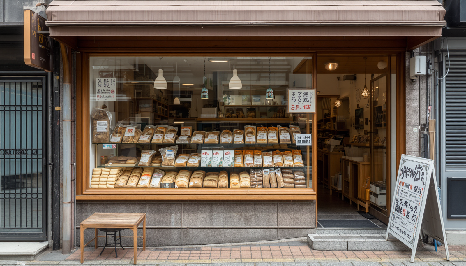 街中にあるベーカリーの外観。ショーウィンドウに様々なパンが並び、食品表示ラベルが貼られた包装パンも陳列されている。小規模ながら包装販売も行っている地域のパン屋さん