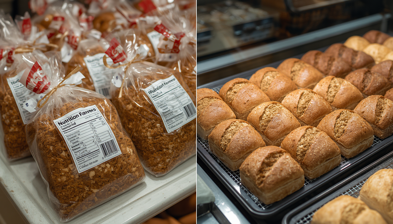 左側に袋詰めされた包装パン（ラベル貼付）、右側に店頭で対面販売されているトレー並びのパンを対比した写真。包装販売は栄養成分表示義務あり、対面販売は任意の違いを視覚的に示す