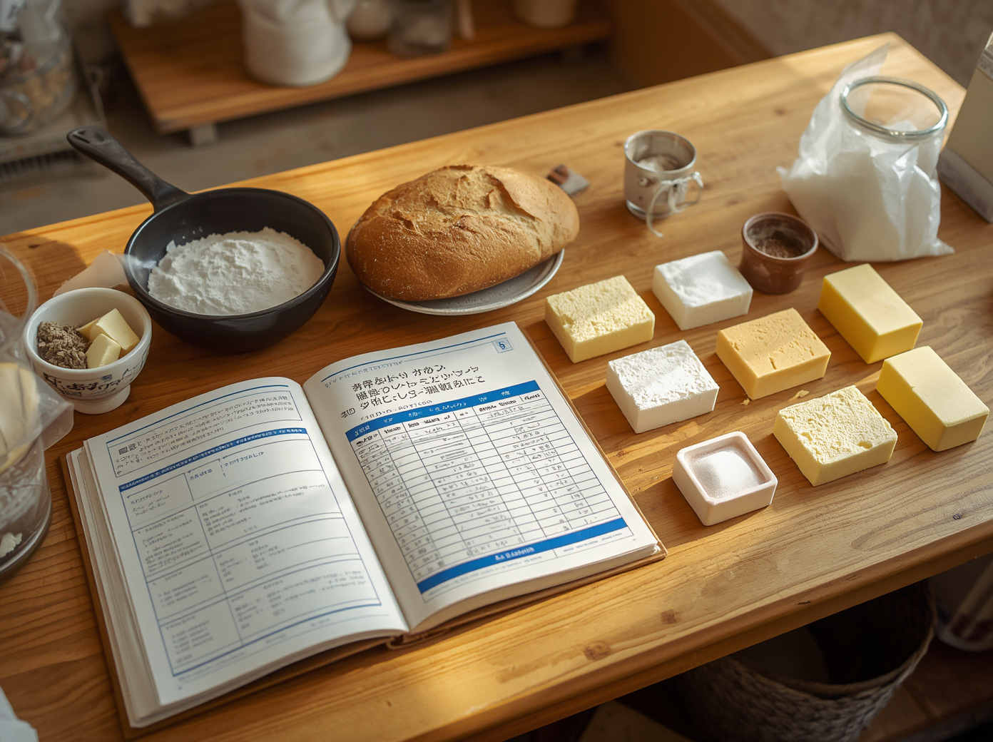 作業台に日本食品標準成分表（八訂）の書籍が開かれており、その横にパン原材料のサンプル（強力粉、バター、砂糖など）が並んでいる。栄養計算の手作業イメージ